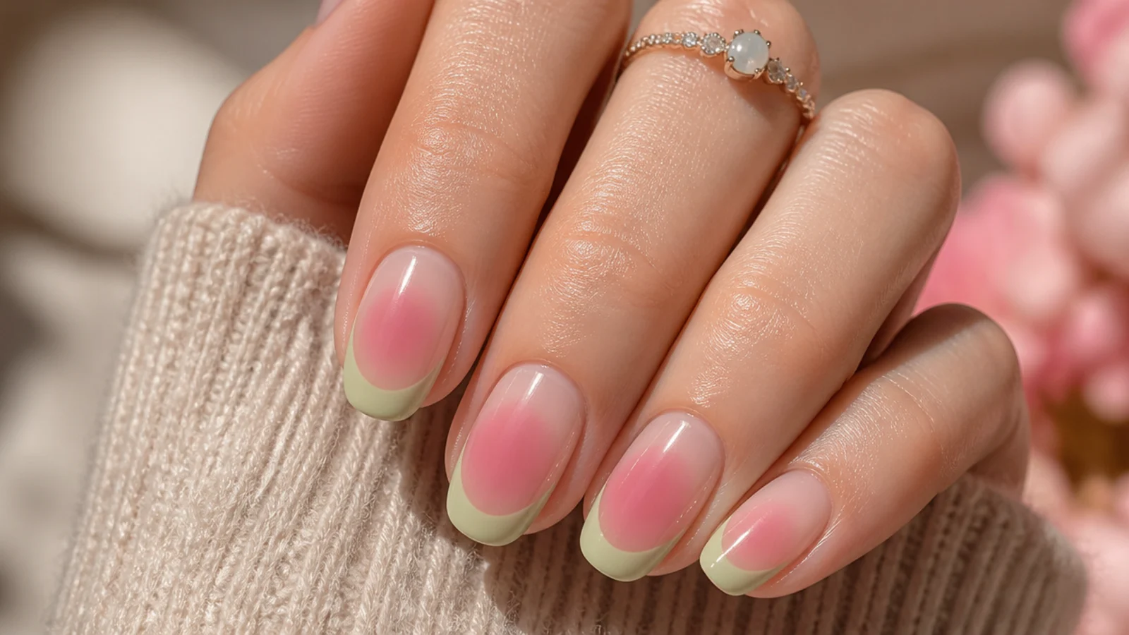 Pink aura nails with pistachio green French tips over a rosy blended center