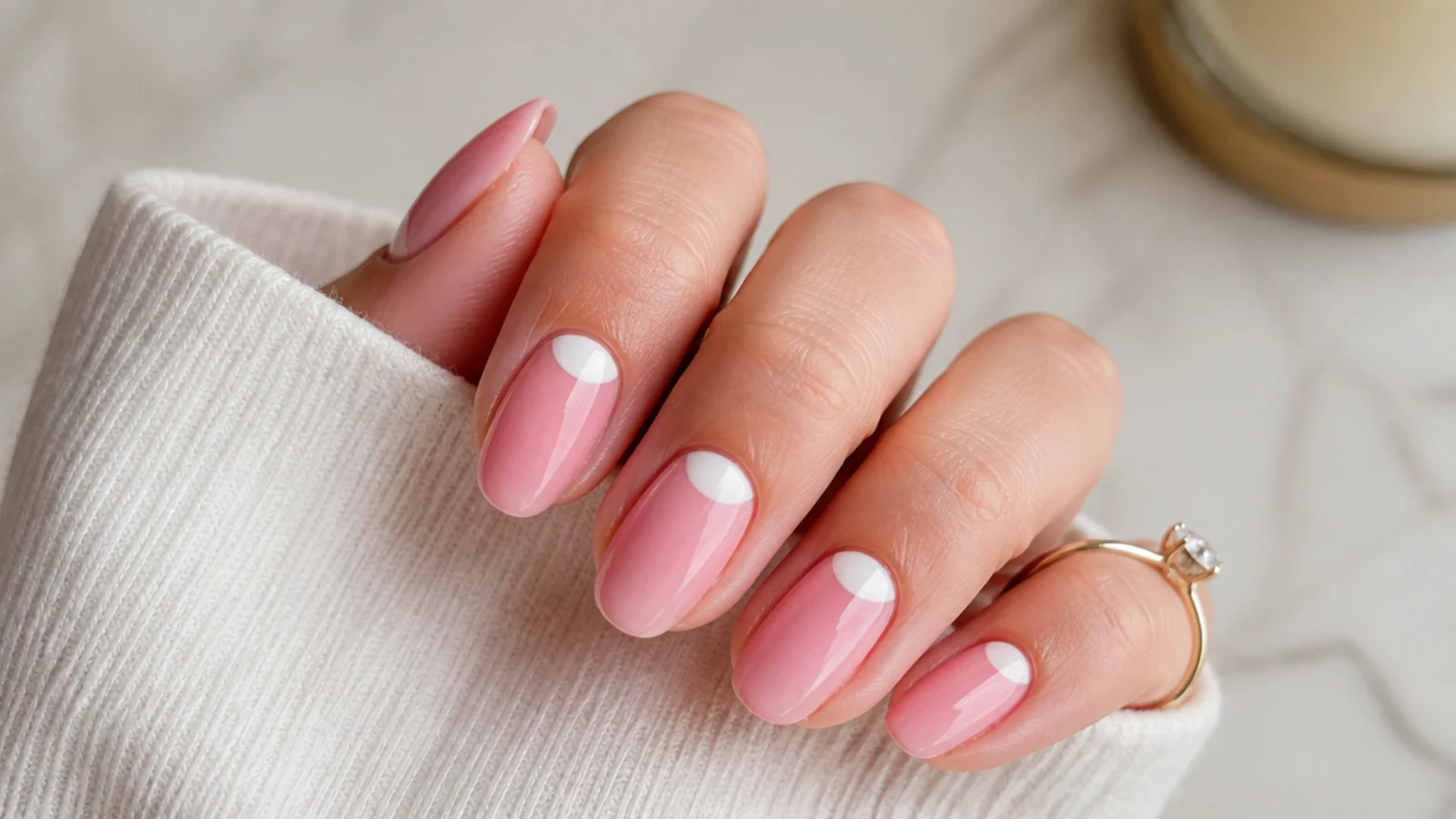 Reverse French pink aura nails with a white half moon at the cuticle above a pink glow