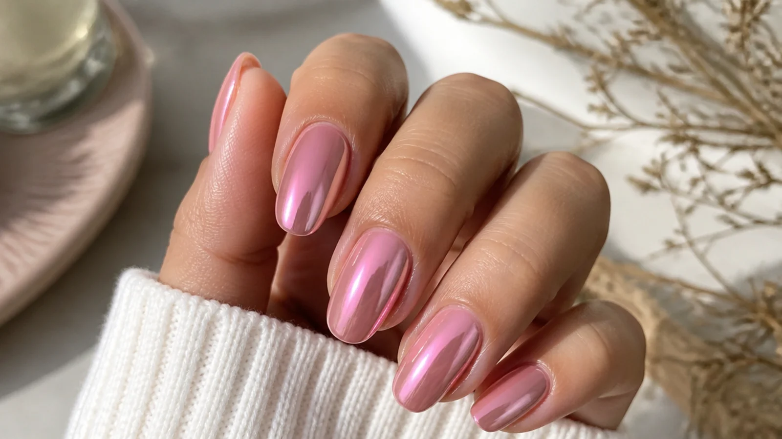 Pink chrome aura nails with a mirrored rose metallic glow over a blended pink center