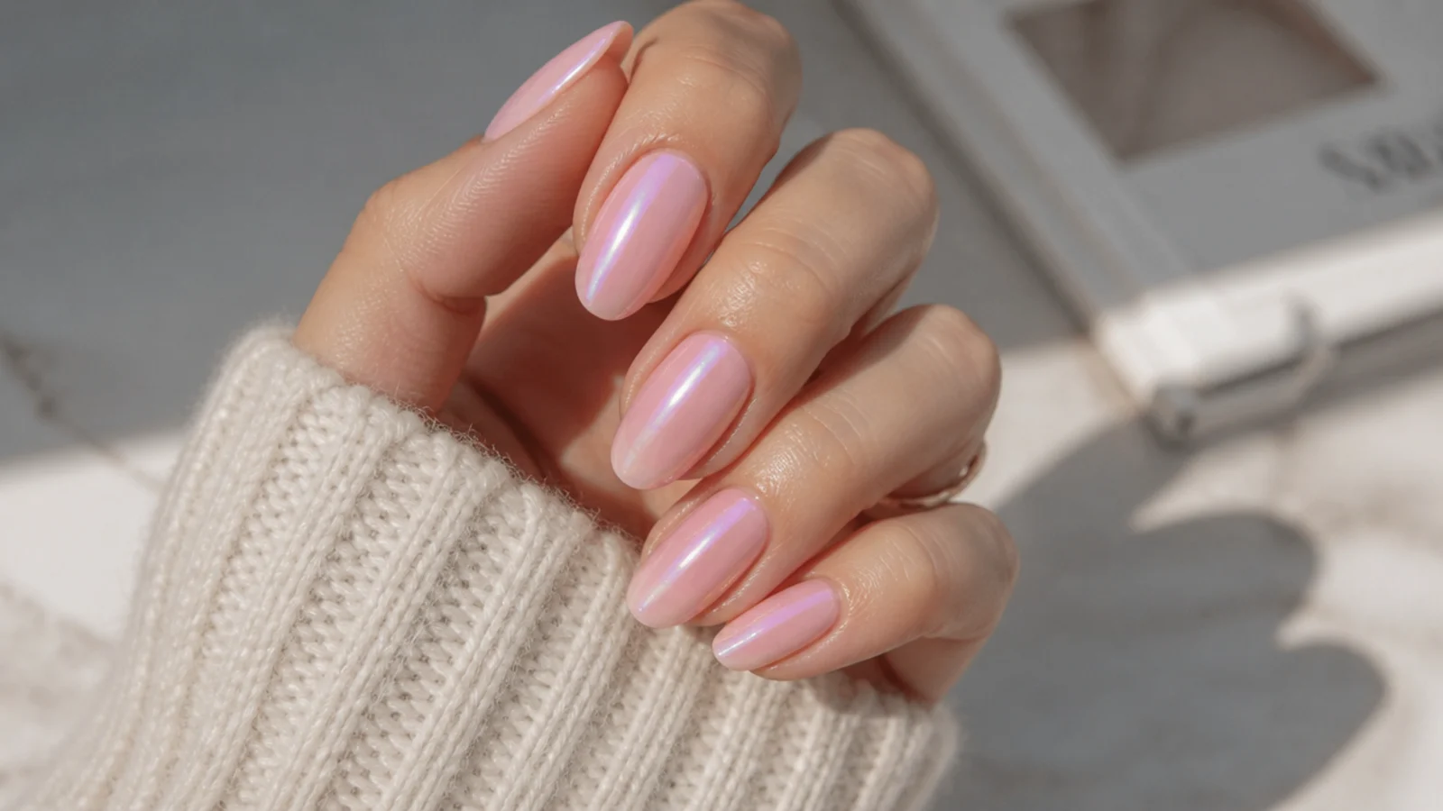 Glazed donut pink aura nails with a pearly iridescent sheen over a milky pink base