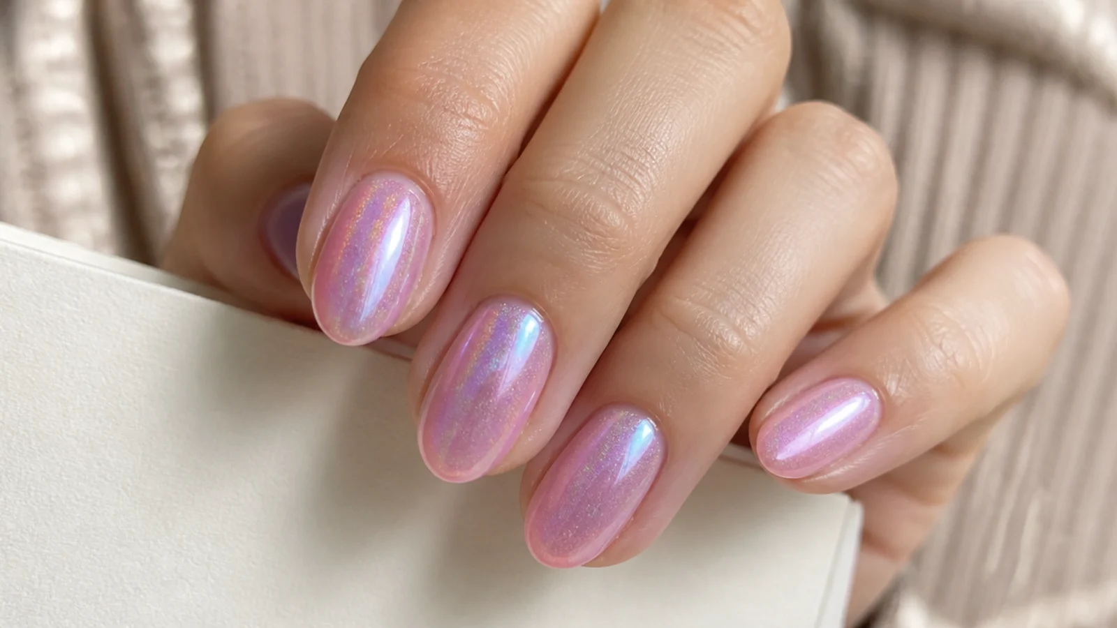 Pink aura nails with an aurora shimmer shifting pink lilac and blue across the nail