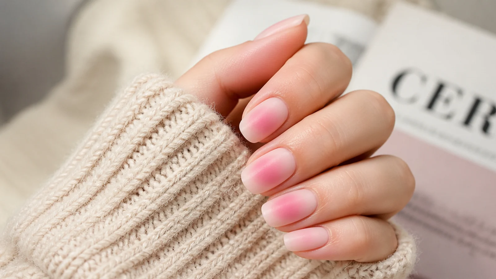 Matte pink aura nails with a soft velvet finish and a diffused rose center