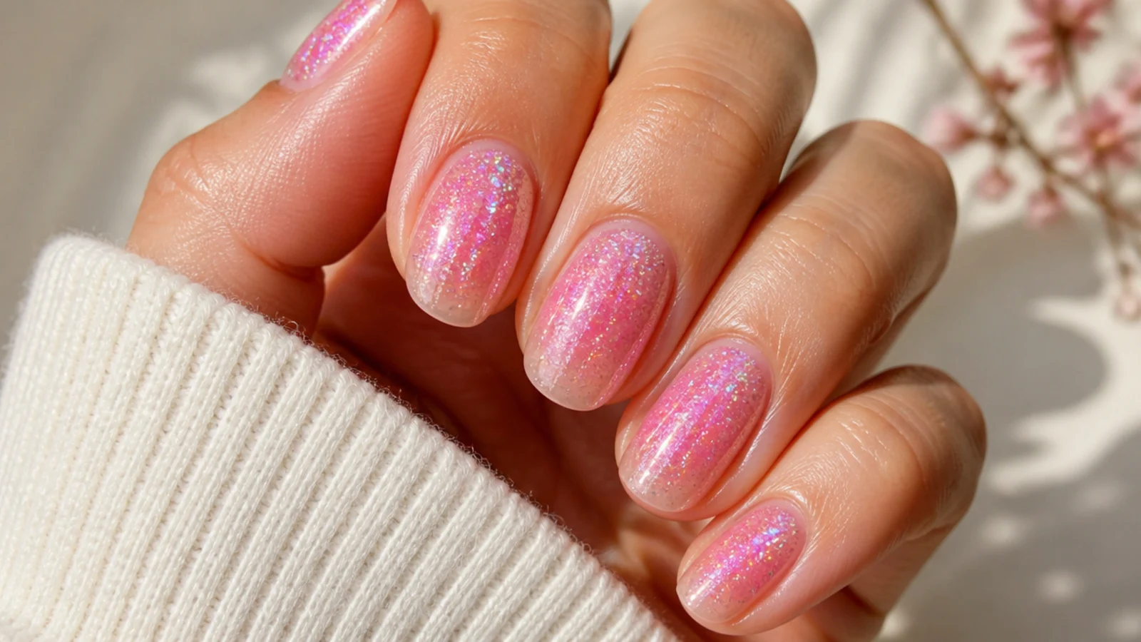 Holographic pink aura nails with rainbow sparkle scattered through a bright pink center