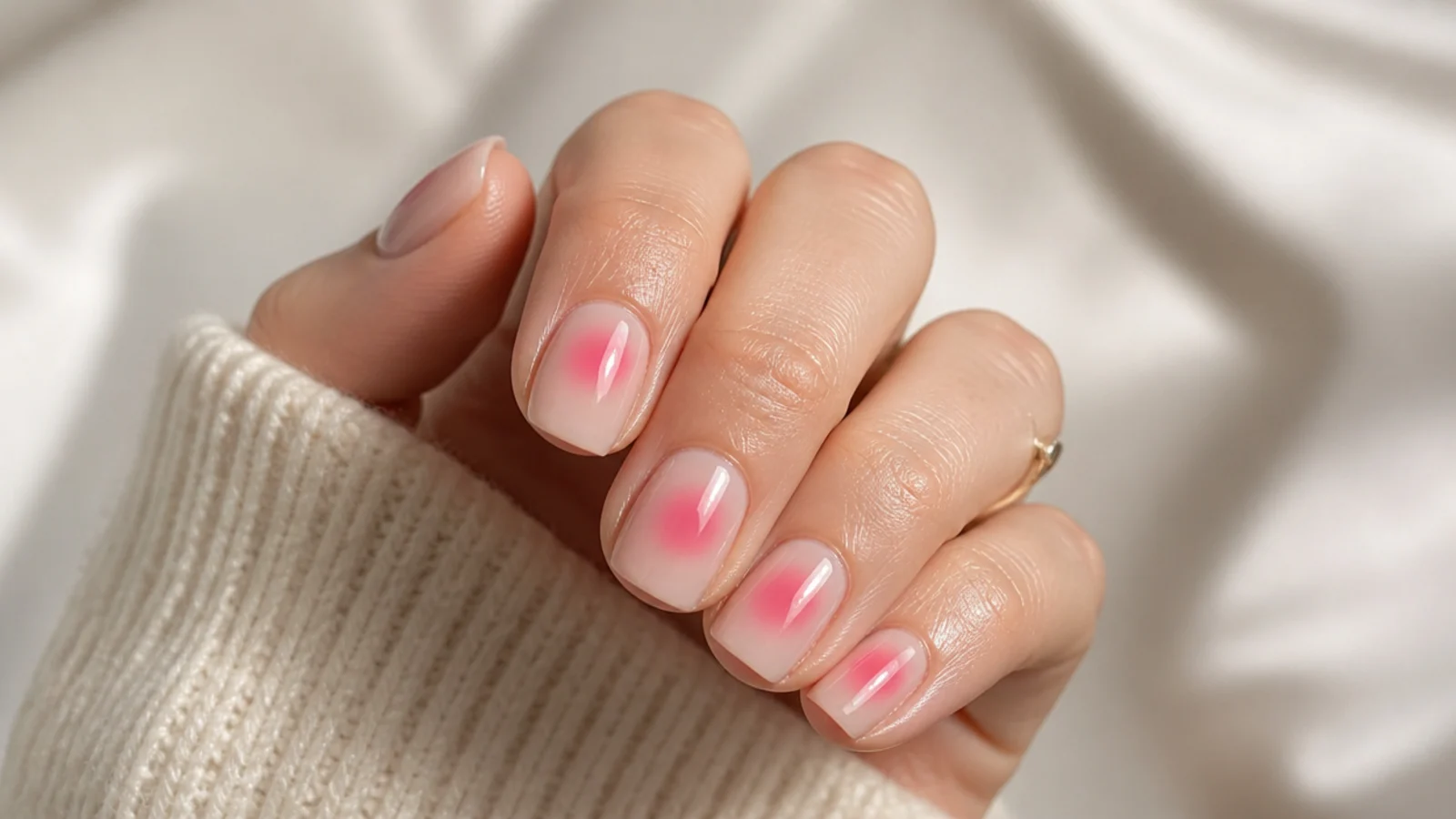 Short square pink aura nails with a compact rose halo on a bare-looking nude base