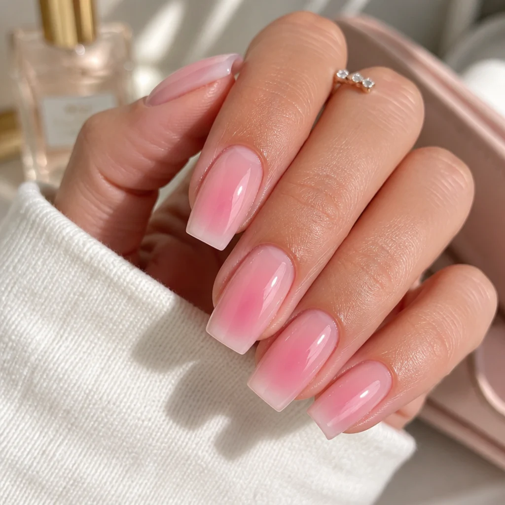 Square pink aura nails with a rounded pink halo centered inside straight sidewalls
