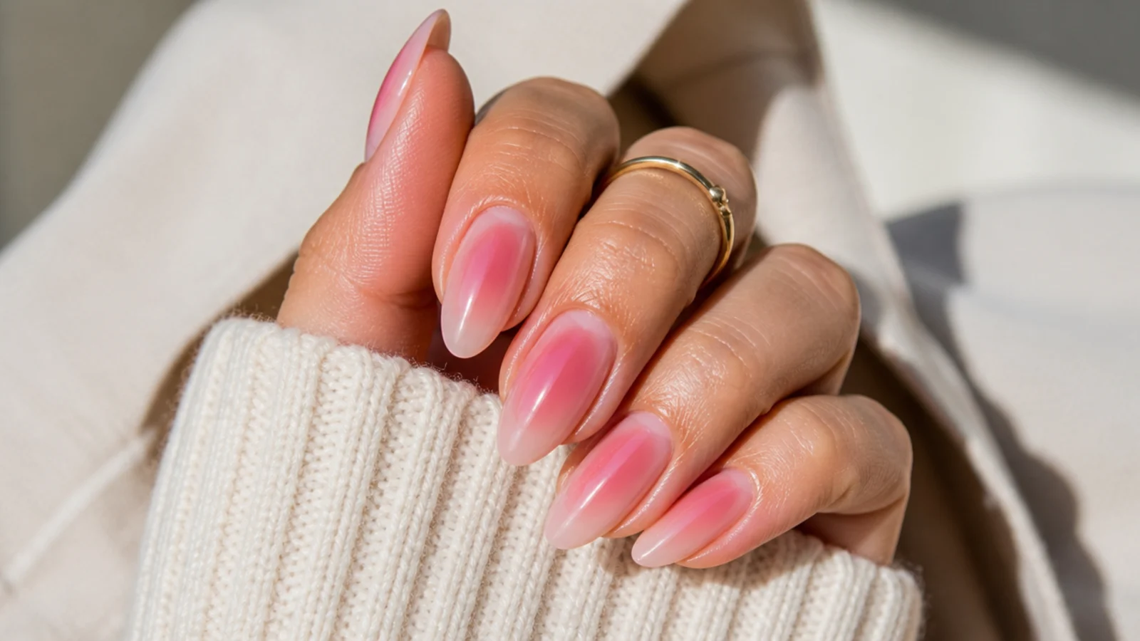 Almond pink aura nails with an oval halo stretched along a tapered nail