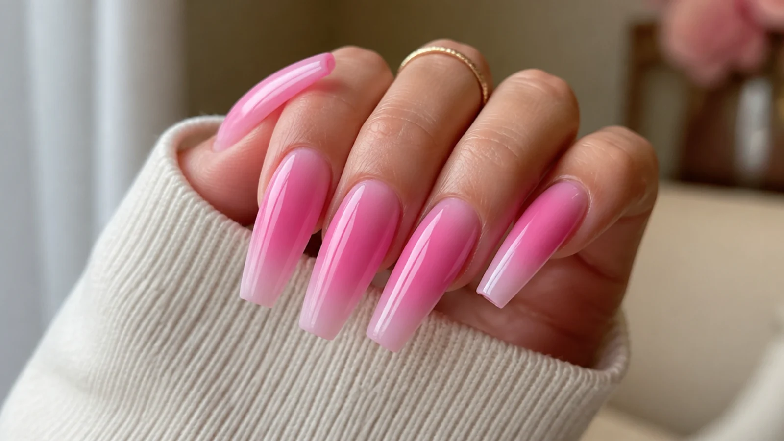 Long coffin pink aura nails with a bright pink halo floating on a wide flat nail plate
