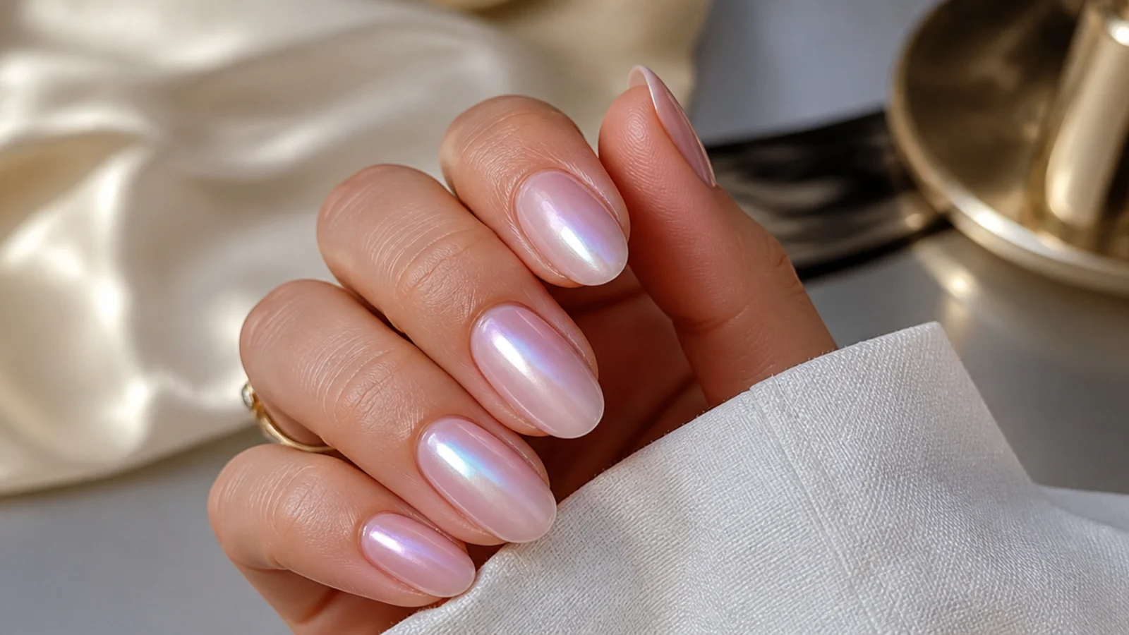 Bridal pink aura nails in soft blush with a pearl sheen on medium almond nails