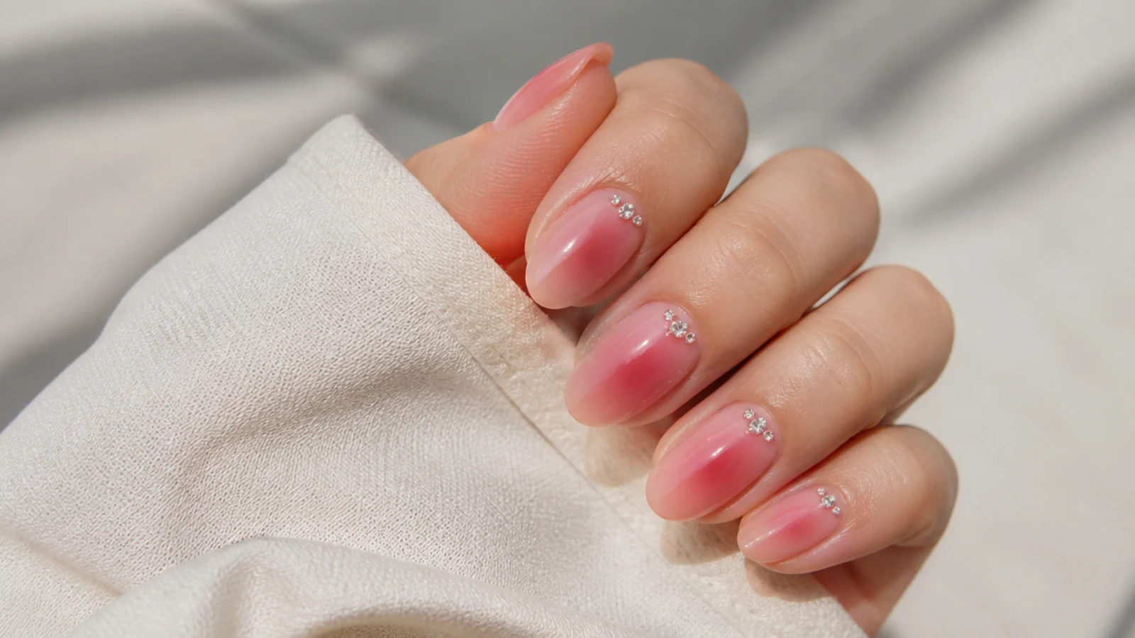 Pink aura nails with a small cluster of clear rhinestones set near the cuticle