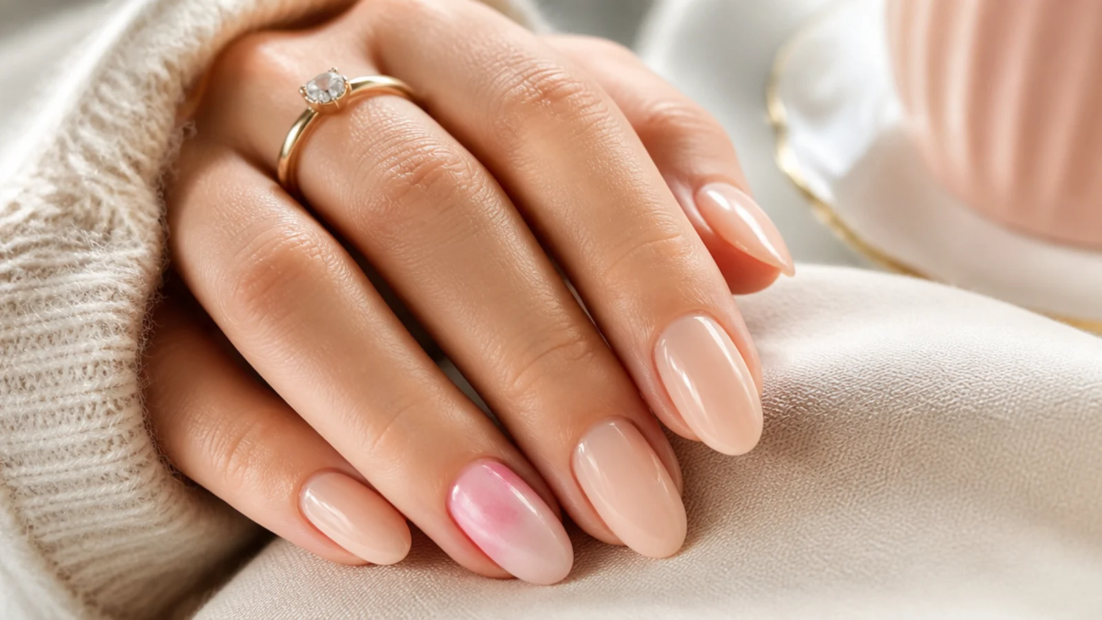 Nude manicure with a single pink aura accent nail on the ring finger