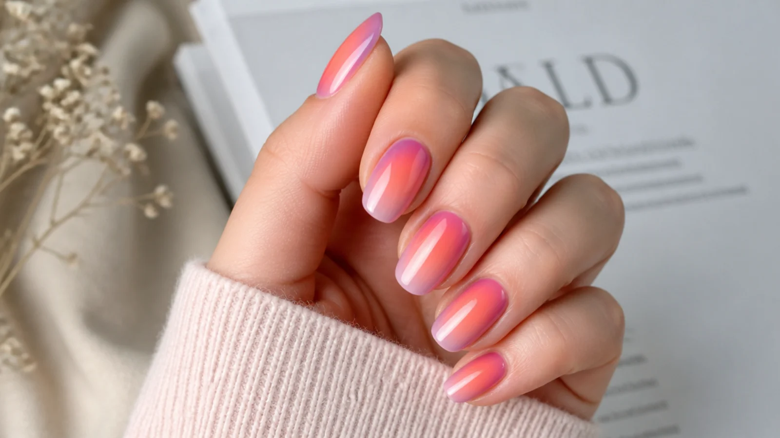Sunset aura nails blending pink orange and soft purple outward from the nail center