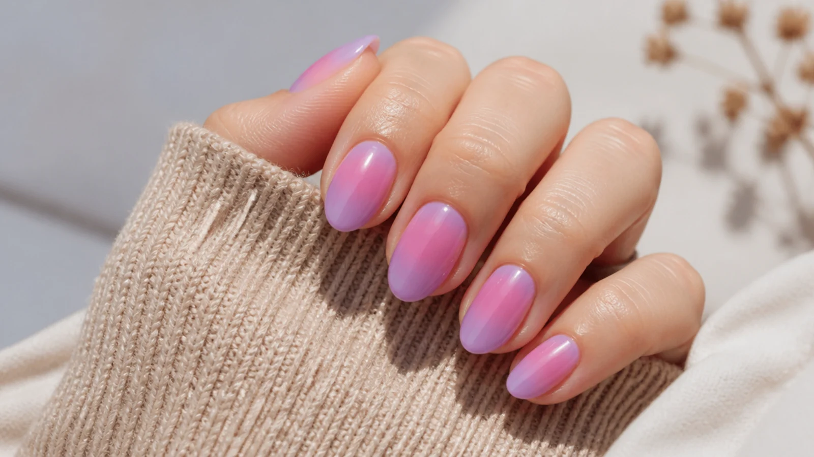 Pink and lavender aura nails with a rose center fading into a soft violet outer glow