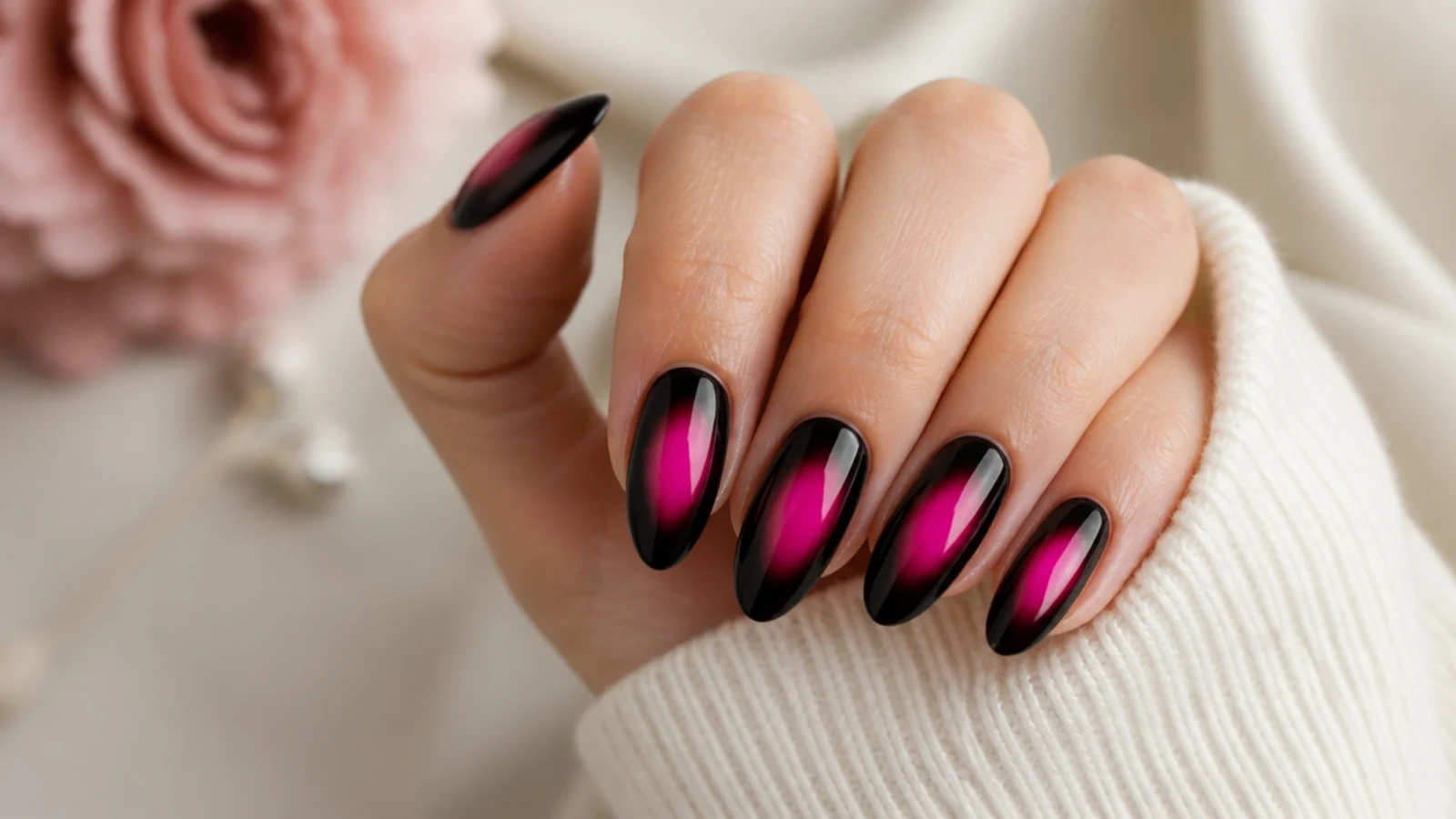 Black nails with a hot pink aura glowing from the center like backlit neon