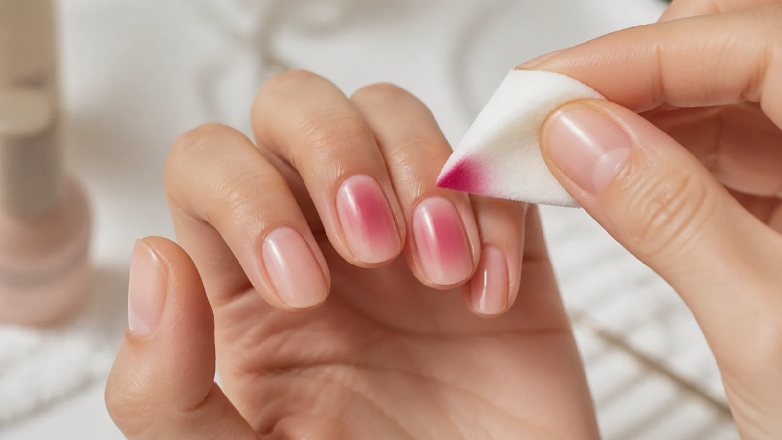 Makeup sponge dabbing pink gel polish into the center of a nude nail to build an aura