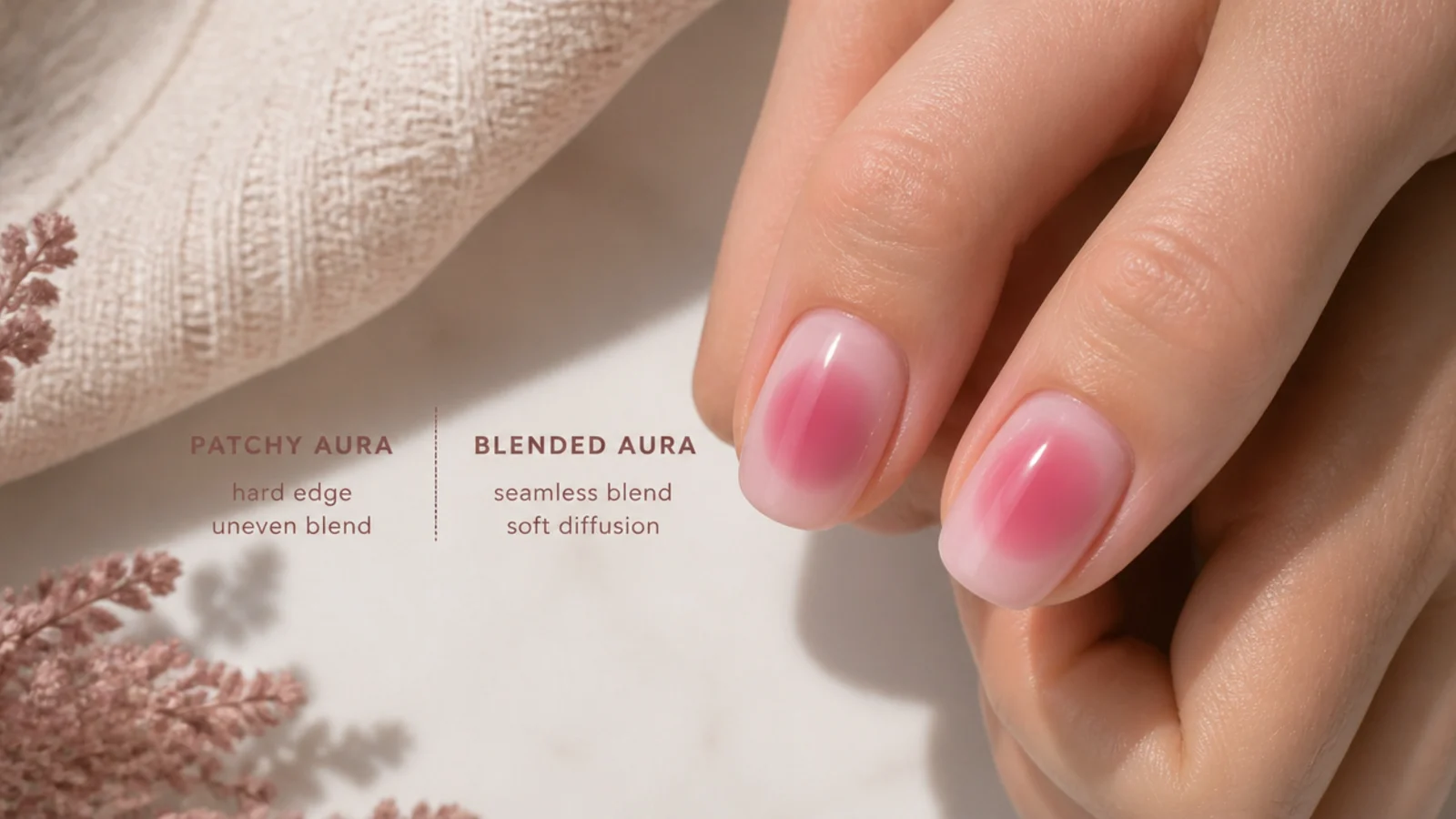 Two pink aura nails compared, one patchy with a hard edge and one smoothly blended