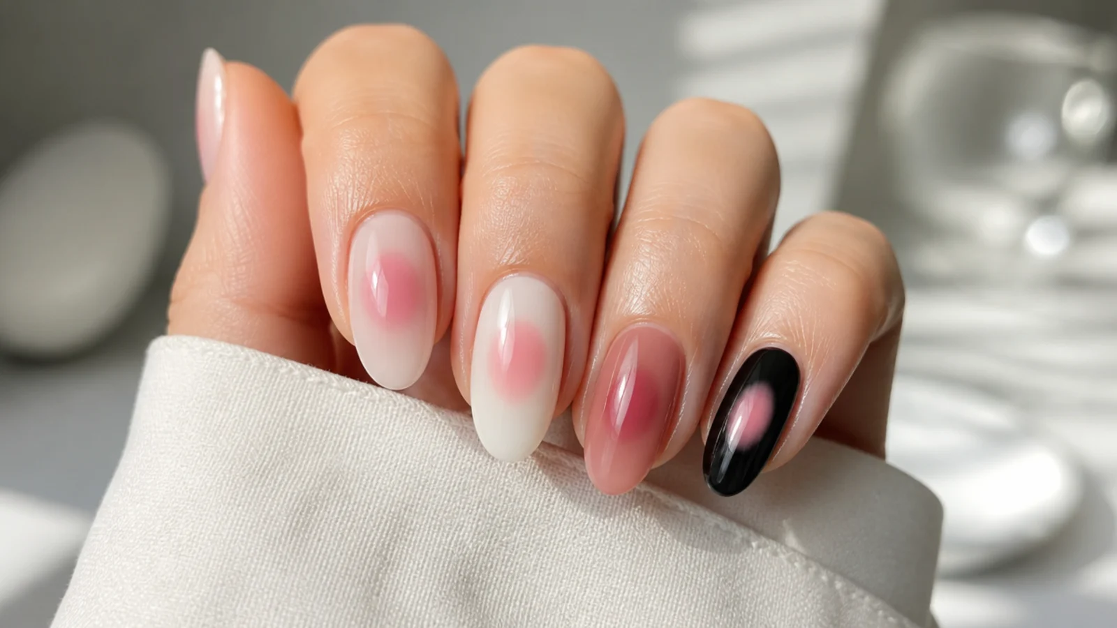 Four nails showing the same pink aura over clear nude milky white and black bases