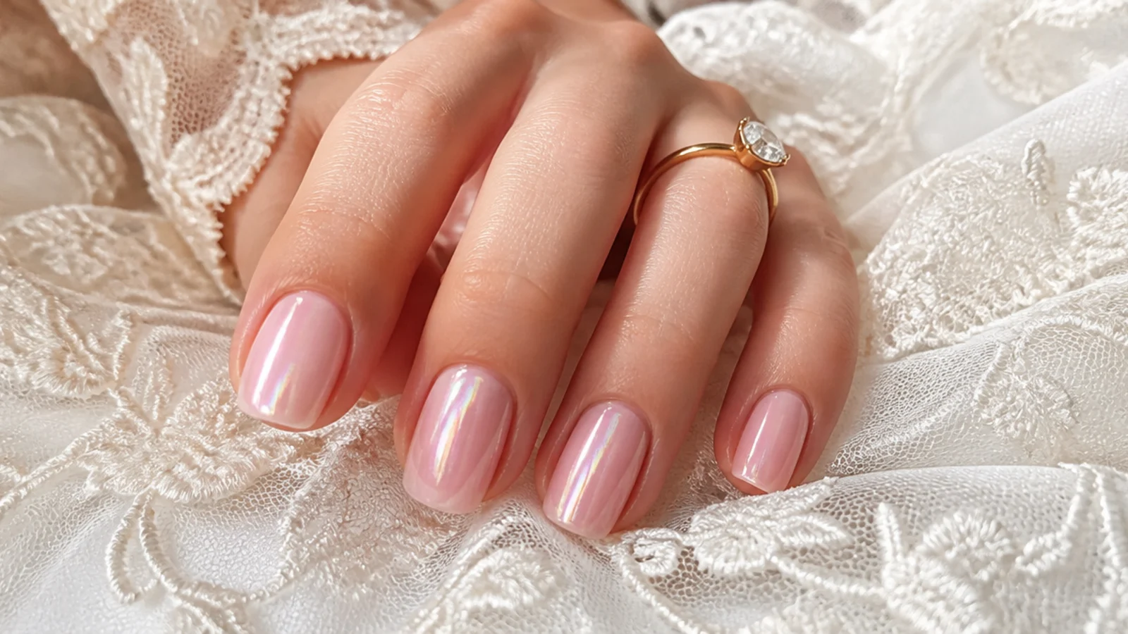 Bride's hand with soft blush pink aura nails resting on ivory lace