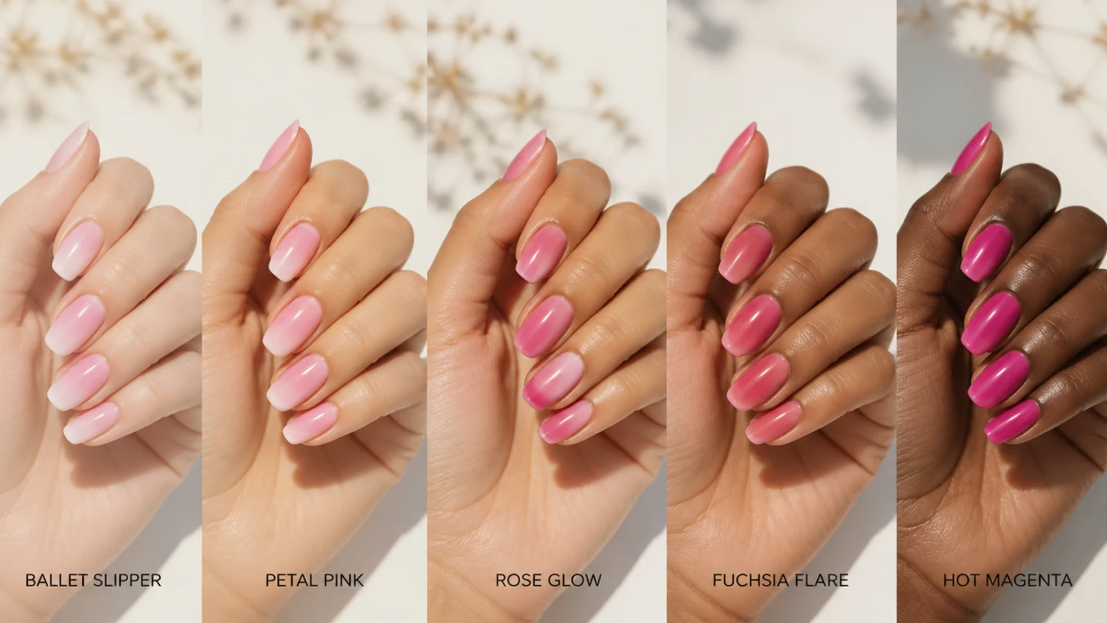 Five pink aura nail swatches from ballet slipper to hot magenta shown against different skin tones