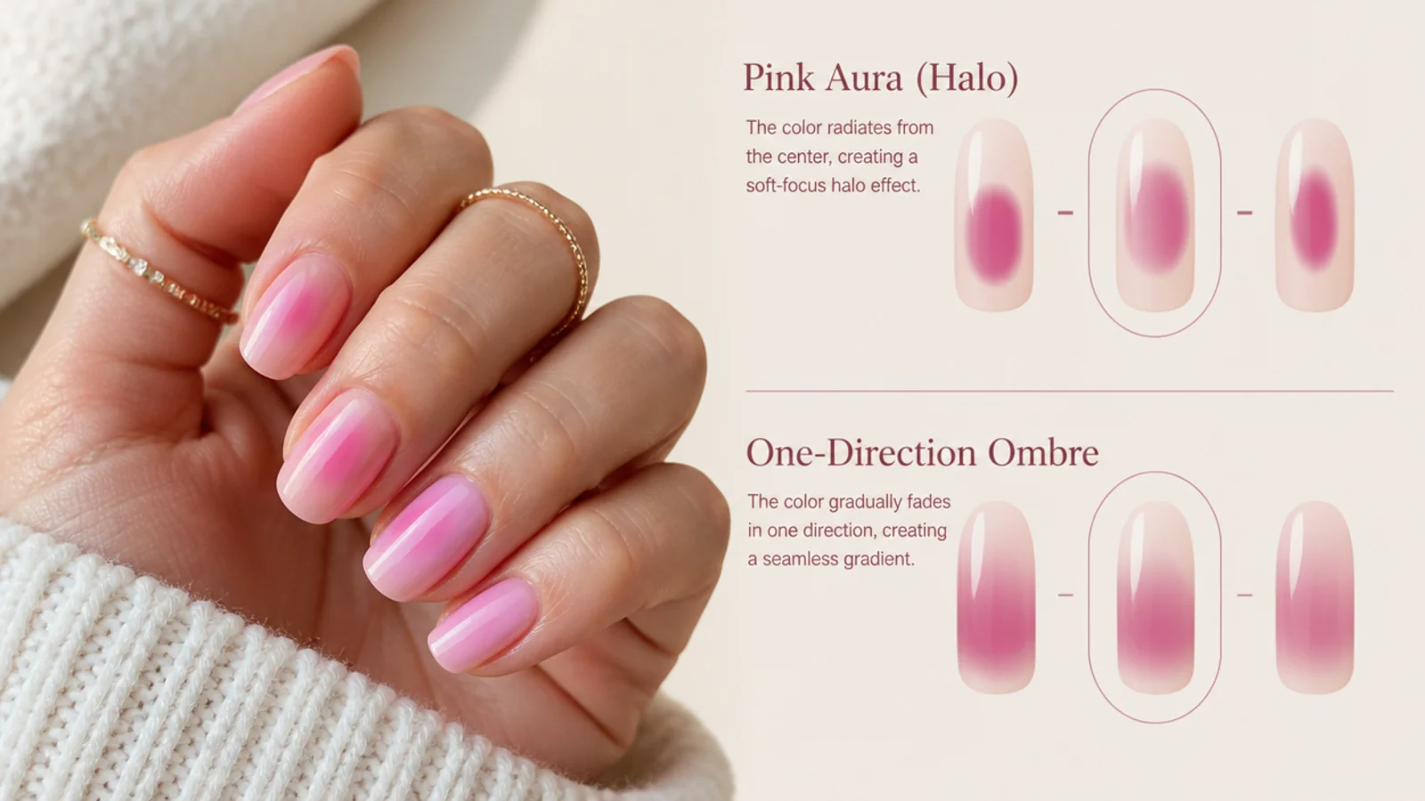 Diagram comparing a pink aura halo radiating from the nail center against a one-direction pink ombre
