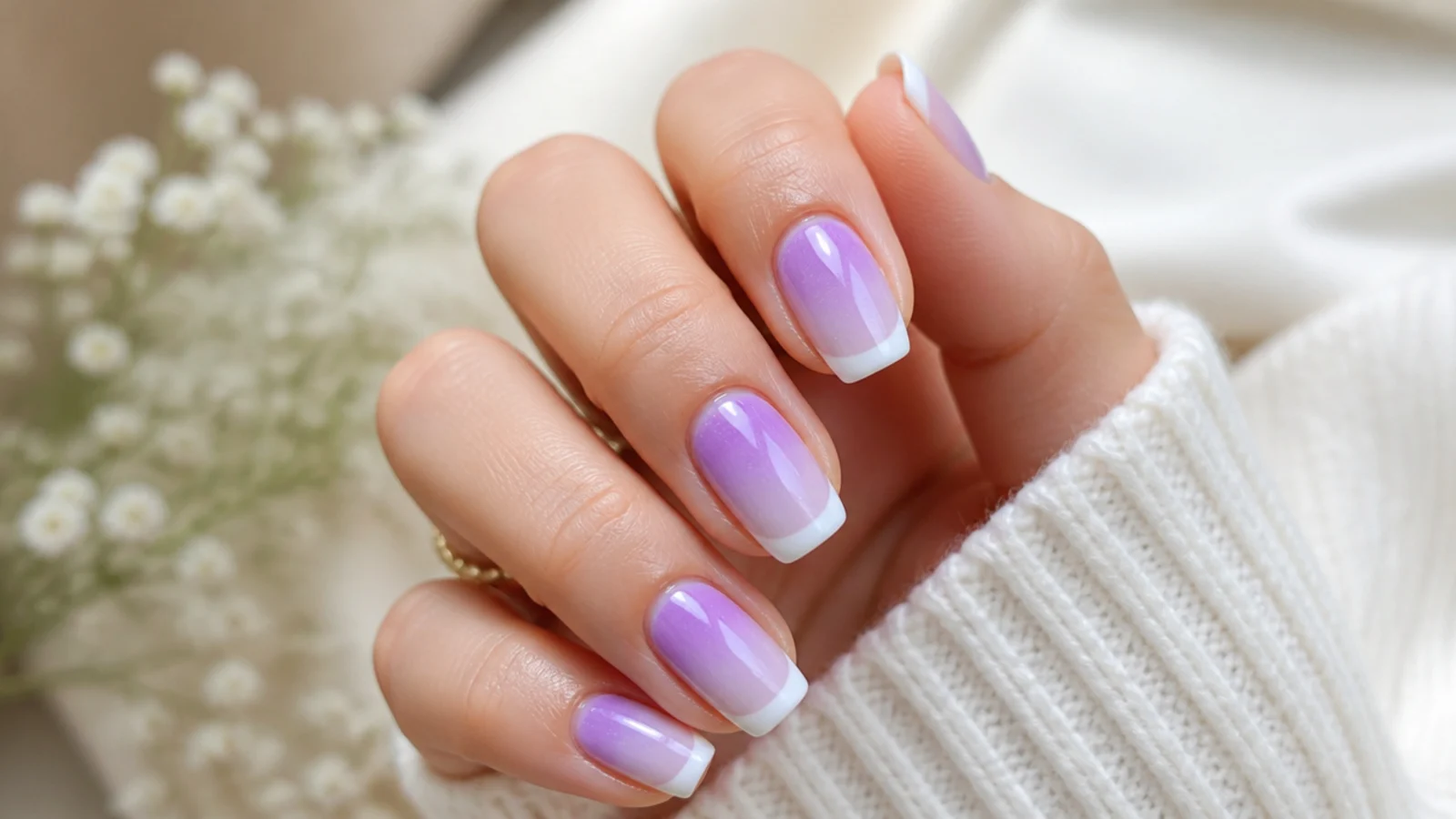 Lavender aura nails glowing from the nail bed under crisp white French tips