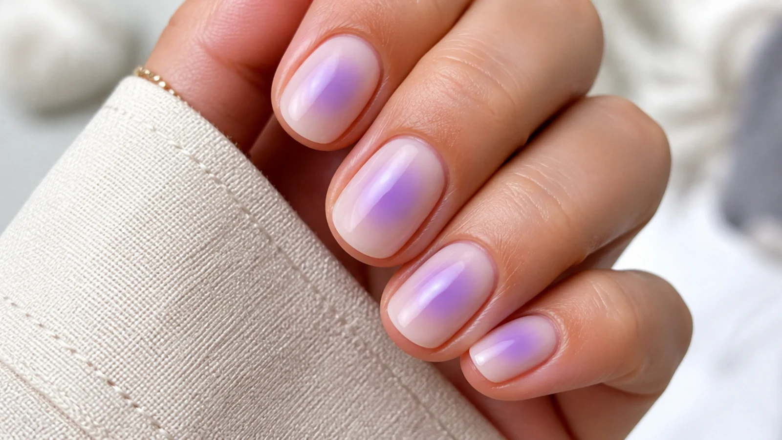 Short squoval nails with a pale pastel purple aura halo centered on each nail