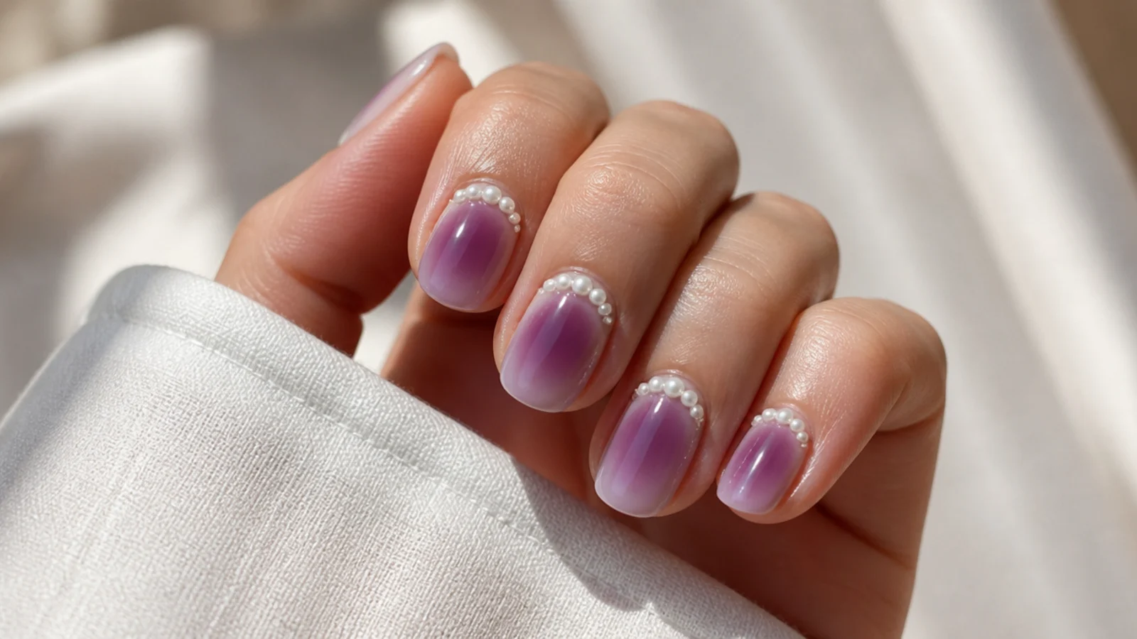 Purple aura nails with tiny white pearl beads clustered near the cuticle line