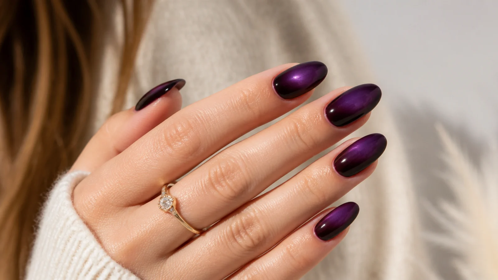 Long almond dark purple aura nails with a deep violet halo fading into a smoky base