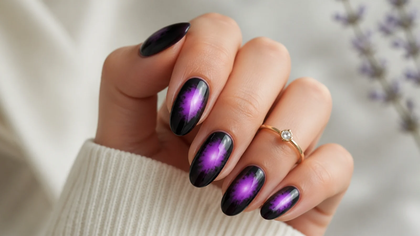 Black nails with a bright violet aura glowing from the center like a light behind smoke