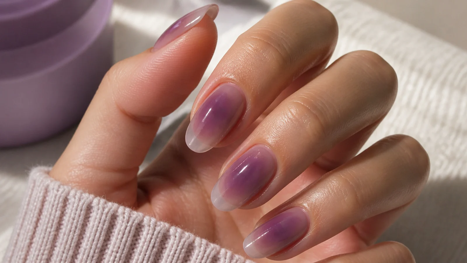 Translucent grape jelly purple aura nails with the natural nail visible through the tip