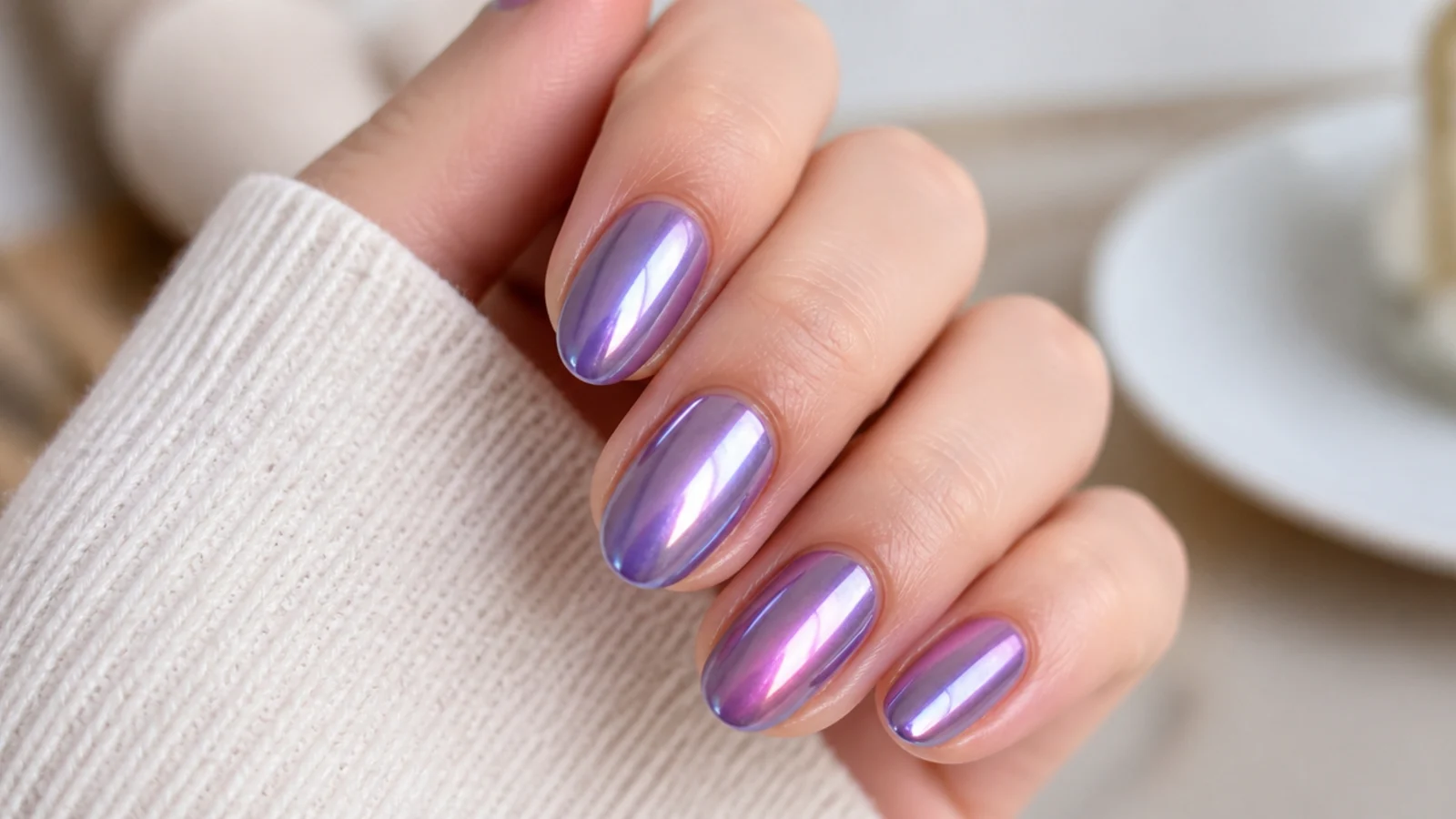 Purple aura nails topped with silver chrome powder for a glazed violet mirror shine