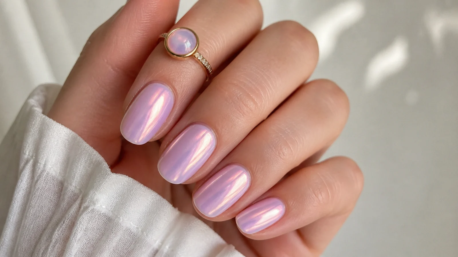 Lilac aura nails with a soft pearl chrome glaze shifting pink and lilac in the light