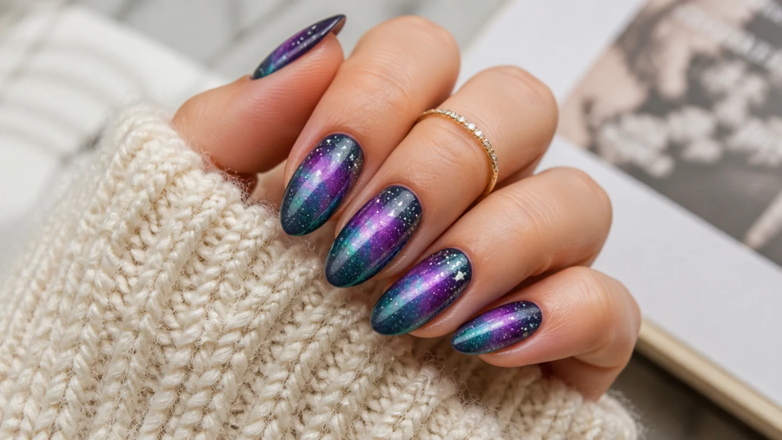 Violet and teal galaxy aura nails with holographic chrome and tiny white star specks