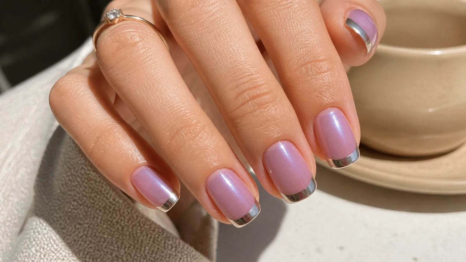 Sheer nails with a violet aura and a mirror chrome French tip band across the free edge