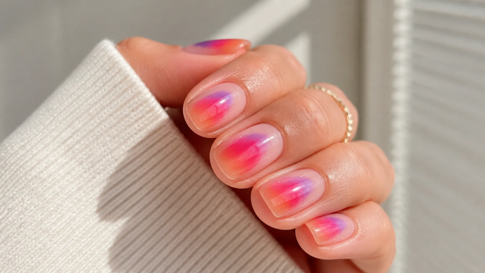 Sunset aura nails blending purple into hot pink and peach on a sheer nude base
