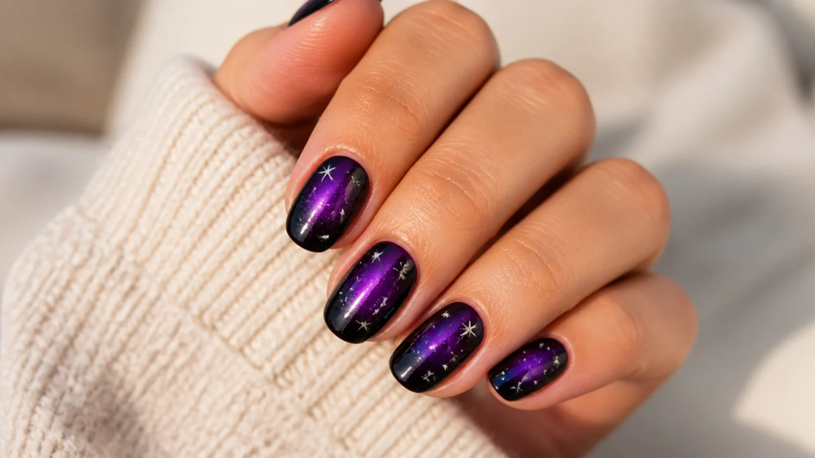 Deep purple aura nails with tiny silver hand-painted stars scattered near the tips