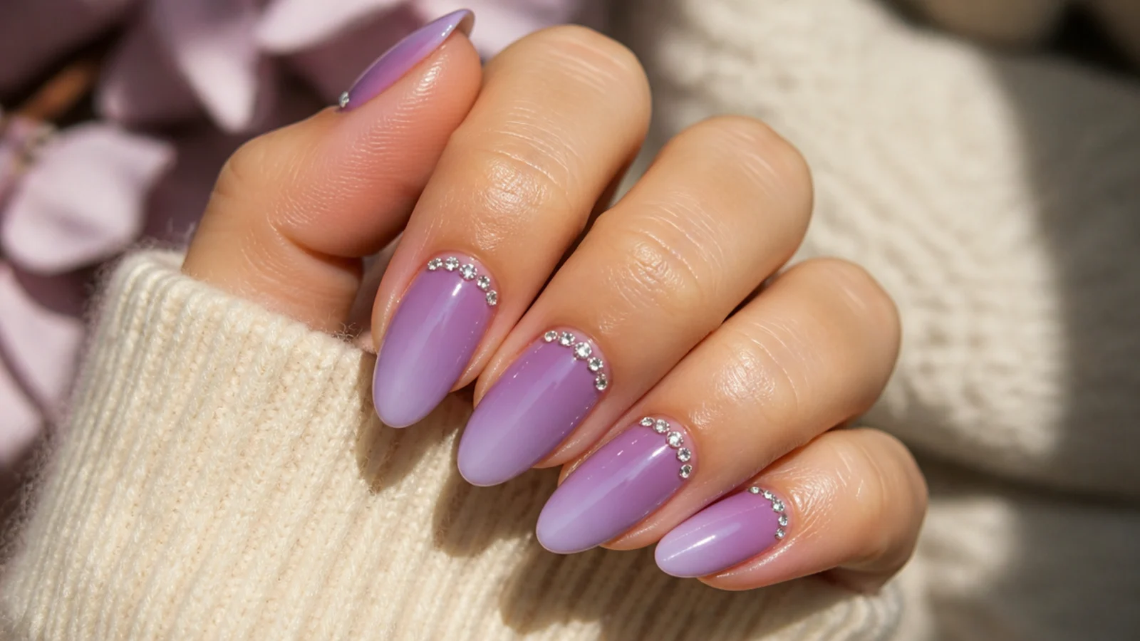 Purple aura nails with a curved line of clear rhinestones set along the cuticle
