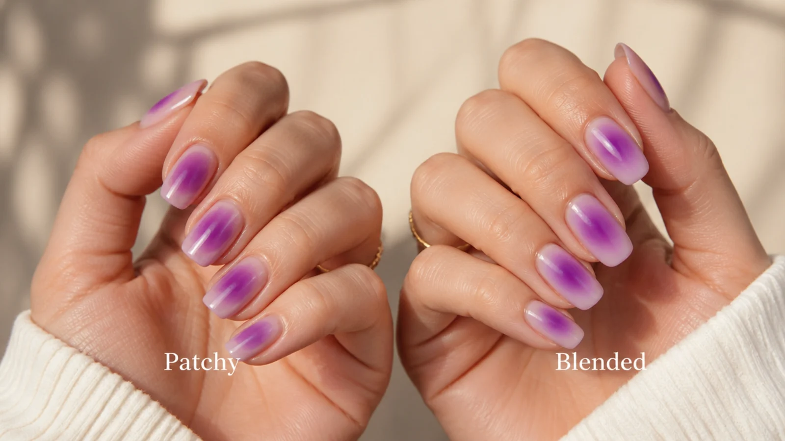 Two purple aura nails compared, one with a hard patchy edge and one smoothly blended