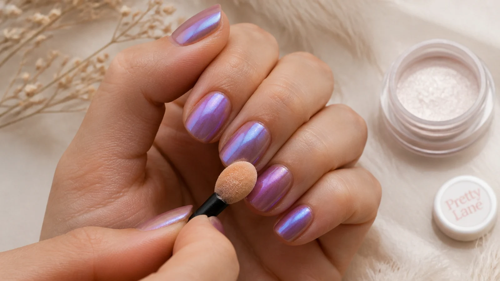 Chrome powder being buffed with an applicator over a cured violet aura nail