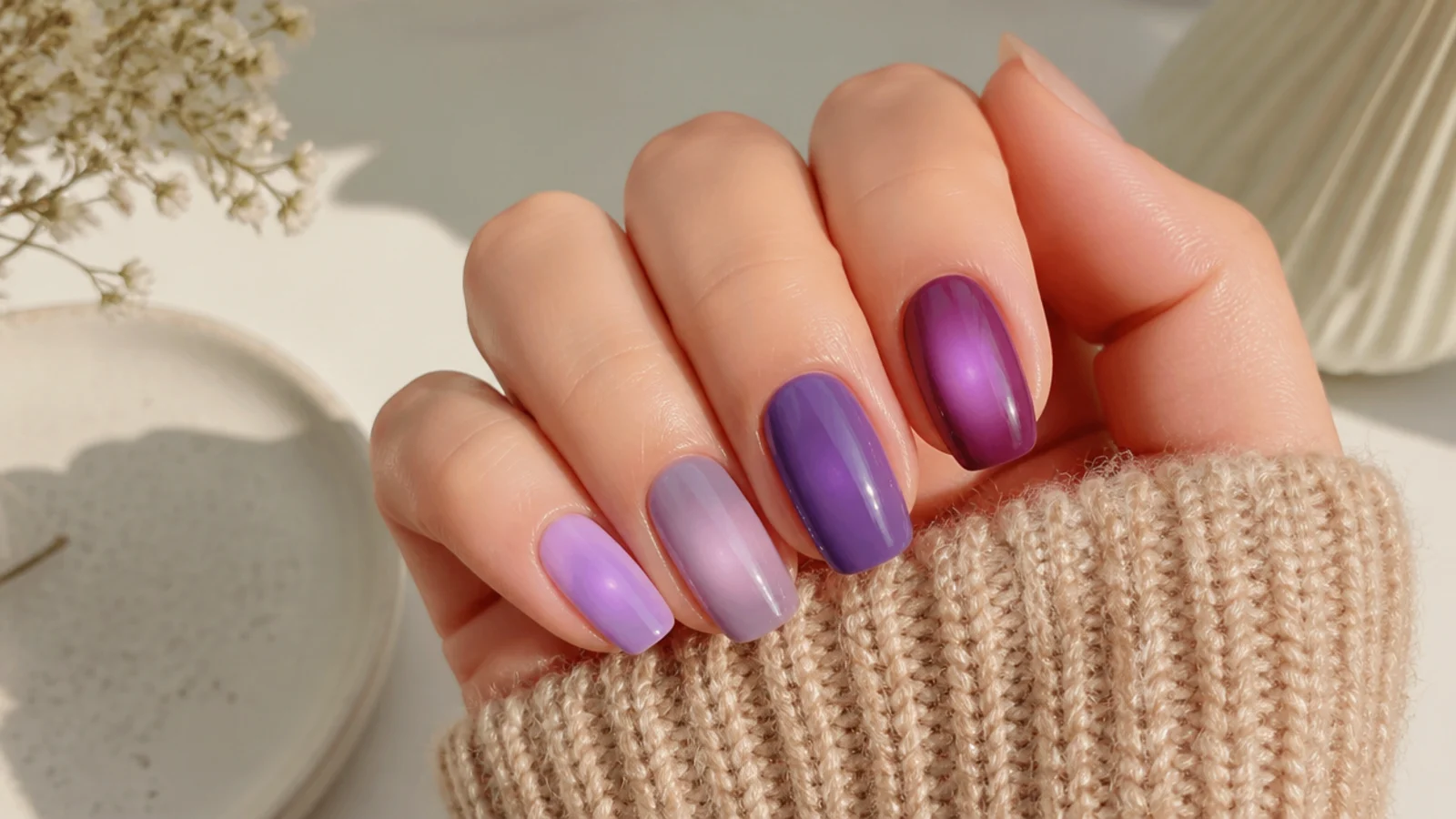 Four purple nail swatches compared showing lilac, lavender, violet and plum aura tones