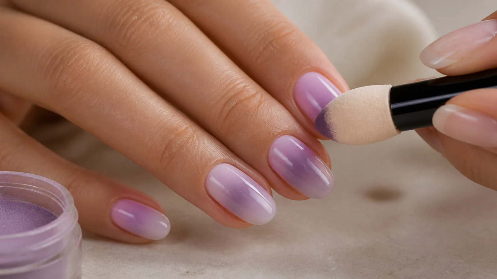 Makeup sponge dabbing violet gel polish into the center of a nail to blend an aura halo