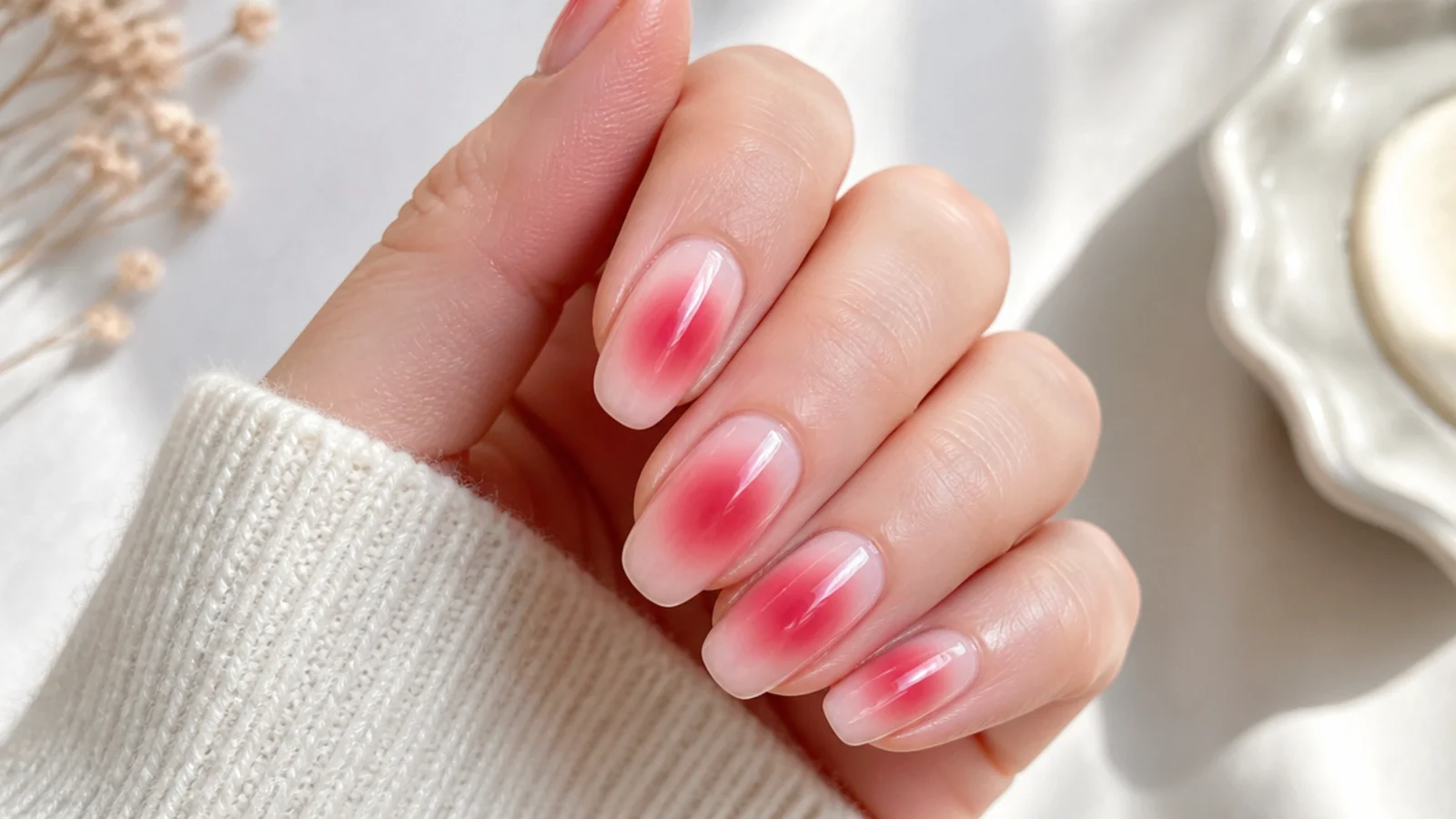 Cherry red aura nails with a soft blurred red halo and no visible edge on a milky base