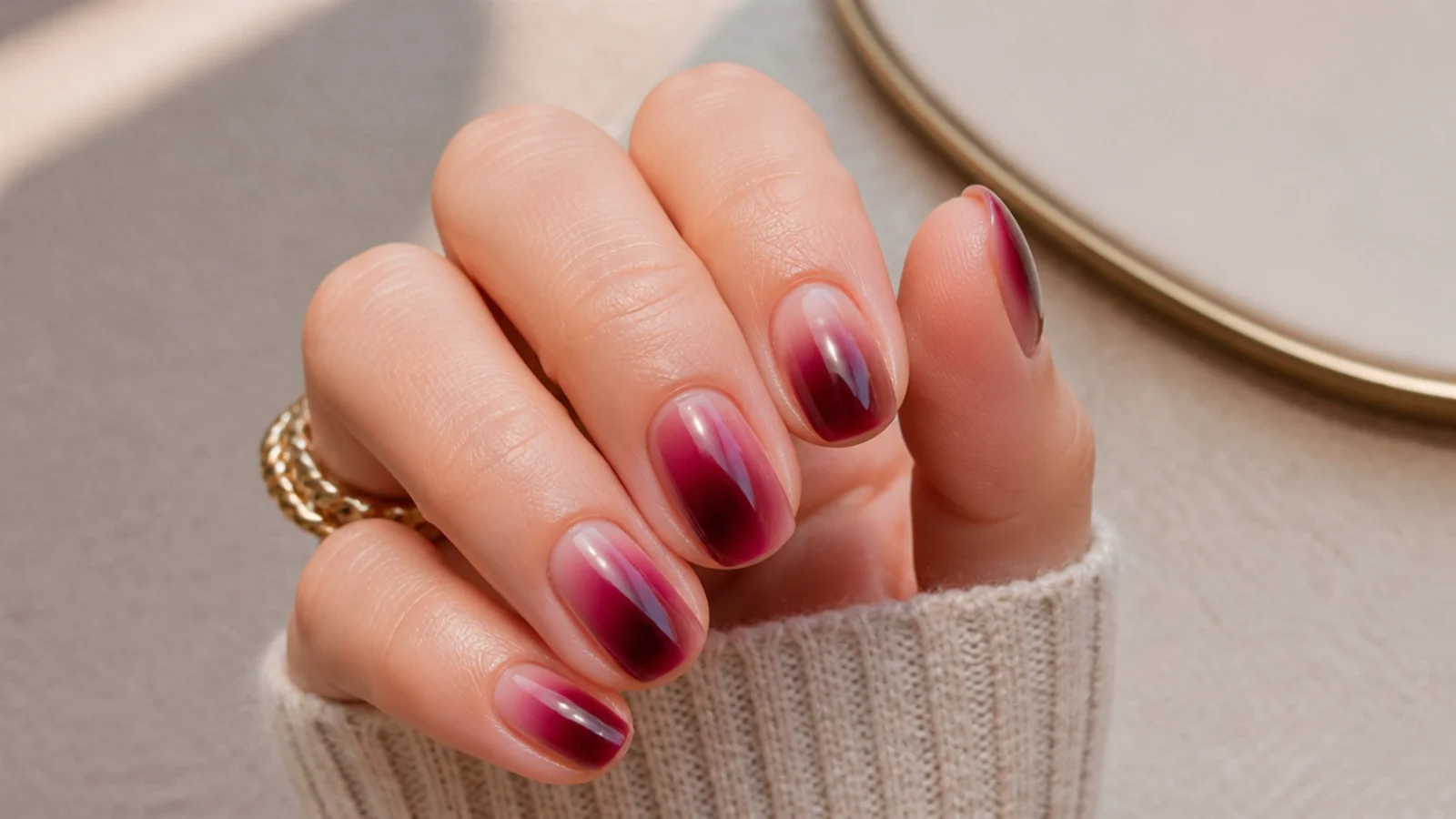 Dark red burgundy aura nails with a deep wine glow fading into a warm nude base