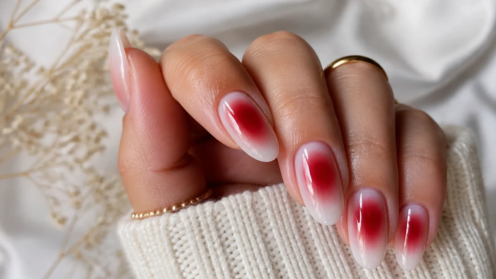Blood red aura nails with a saturated crimson center bleeding into a milky white base