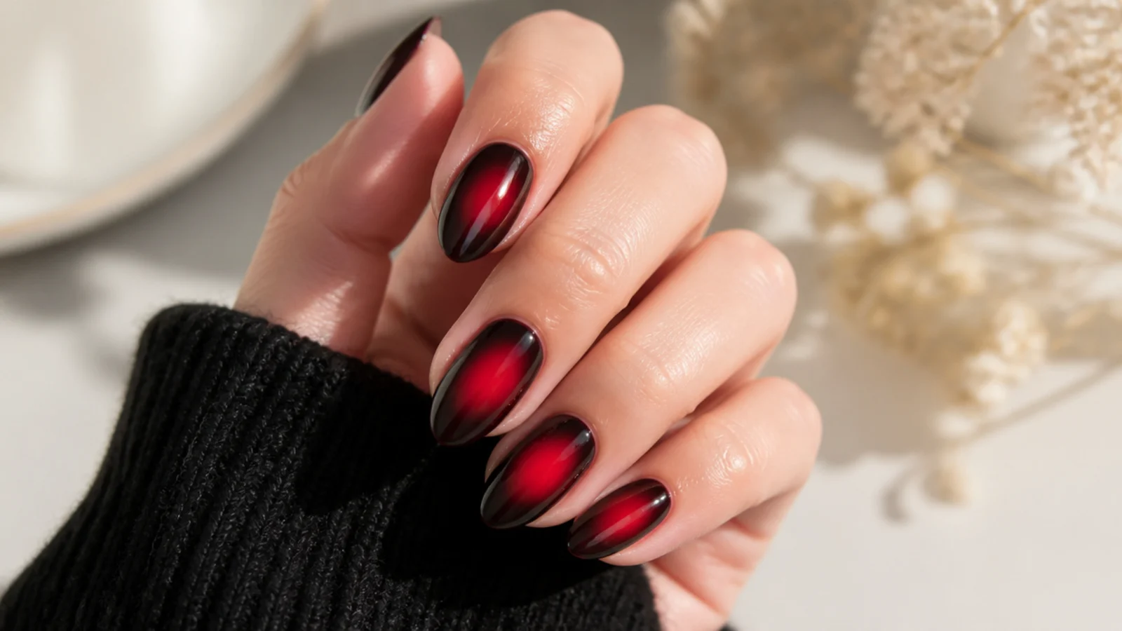 Black and red aura nails with a red center glow surrounded by a smoky black outer fade