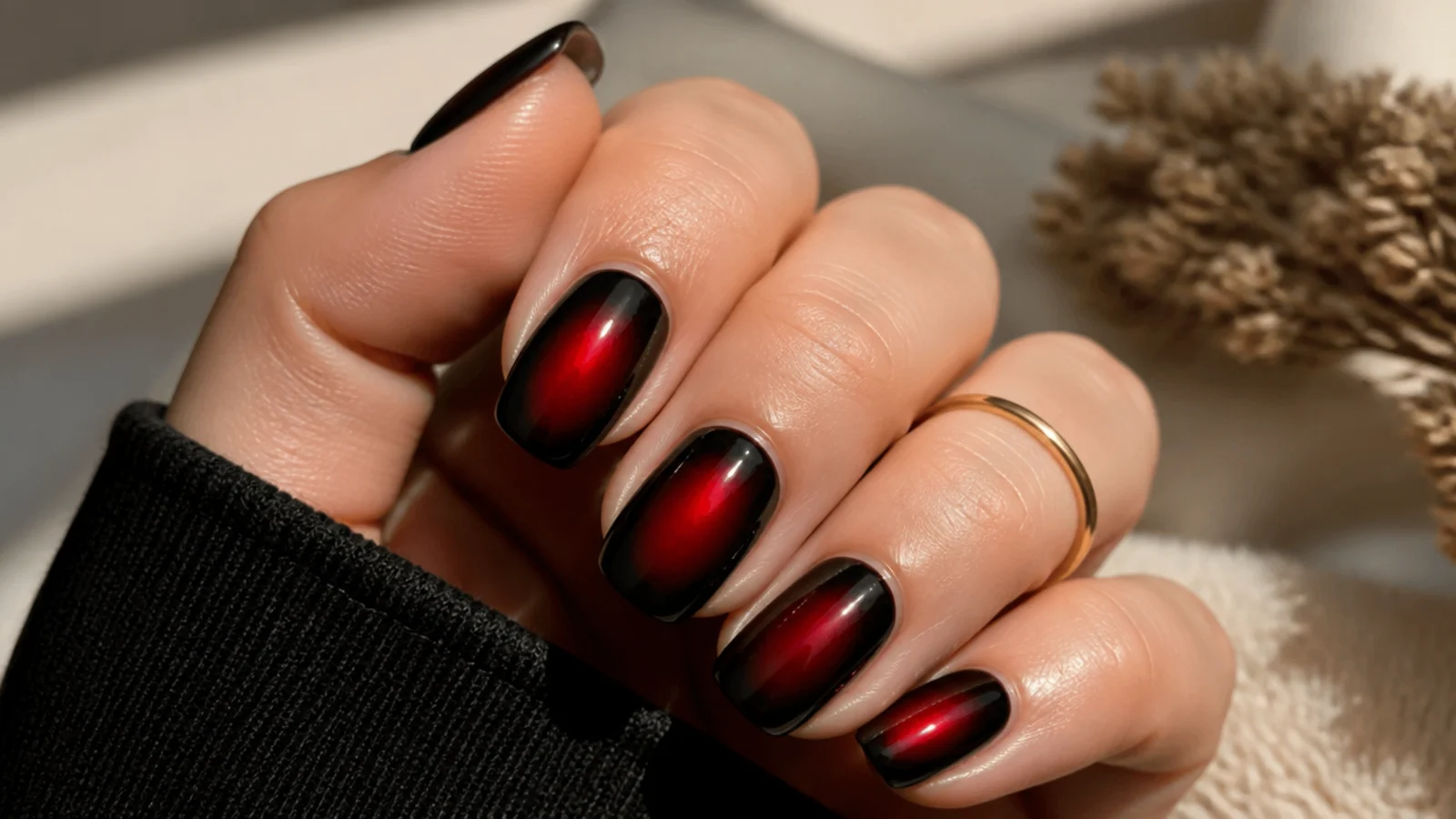 Red aura glowing from the center of a fully black nail like an ember