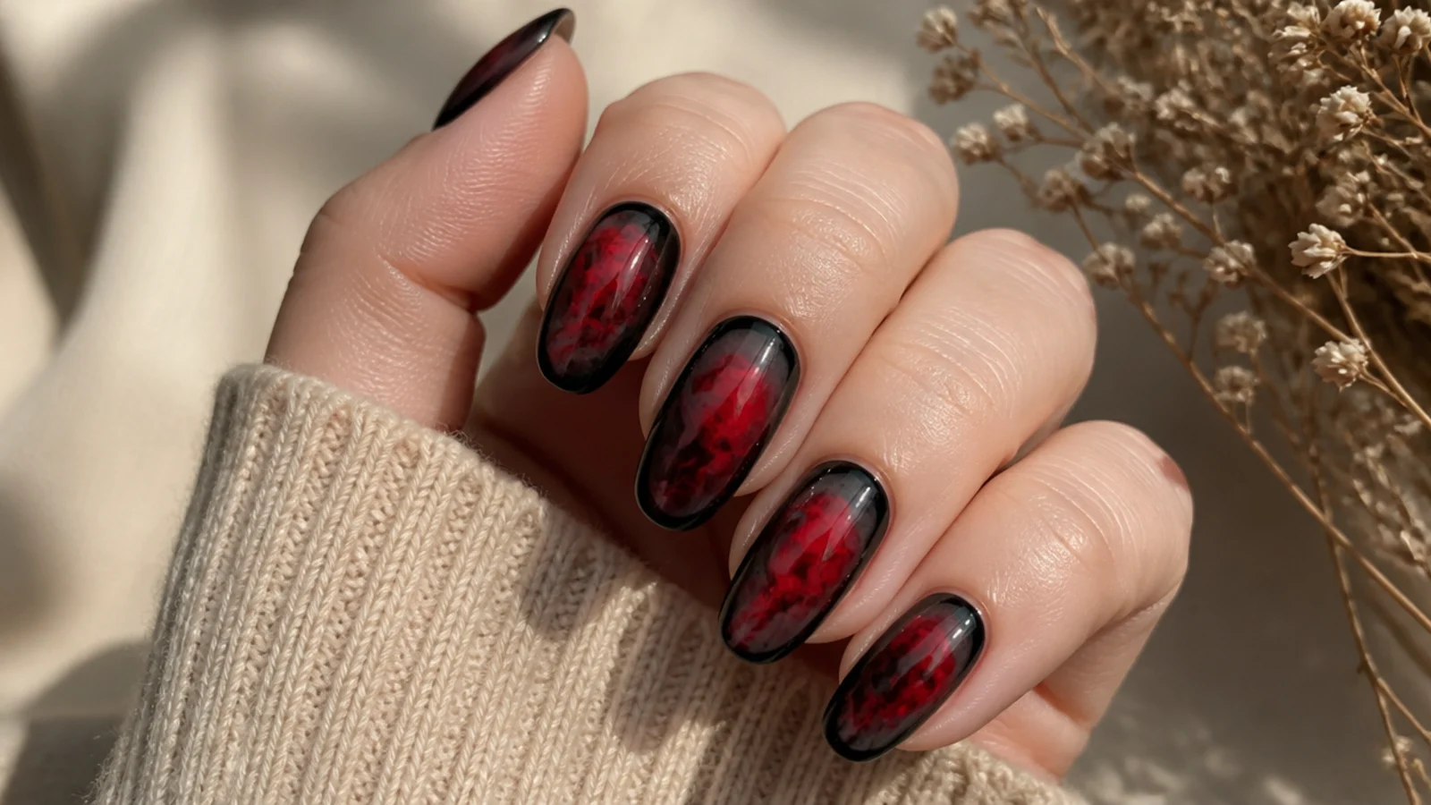 Black and red aura nails with fine hand-painted black smoke swirls over a red glow