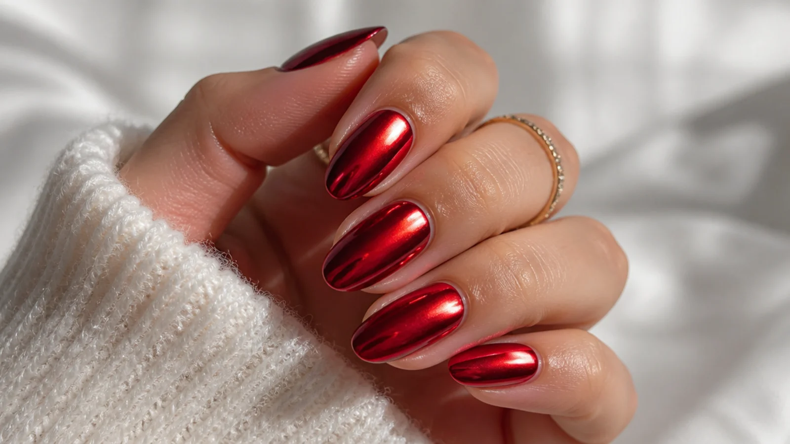 Red aura nails topped with silver chrome powder giving a mirrored red glaze