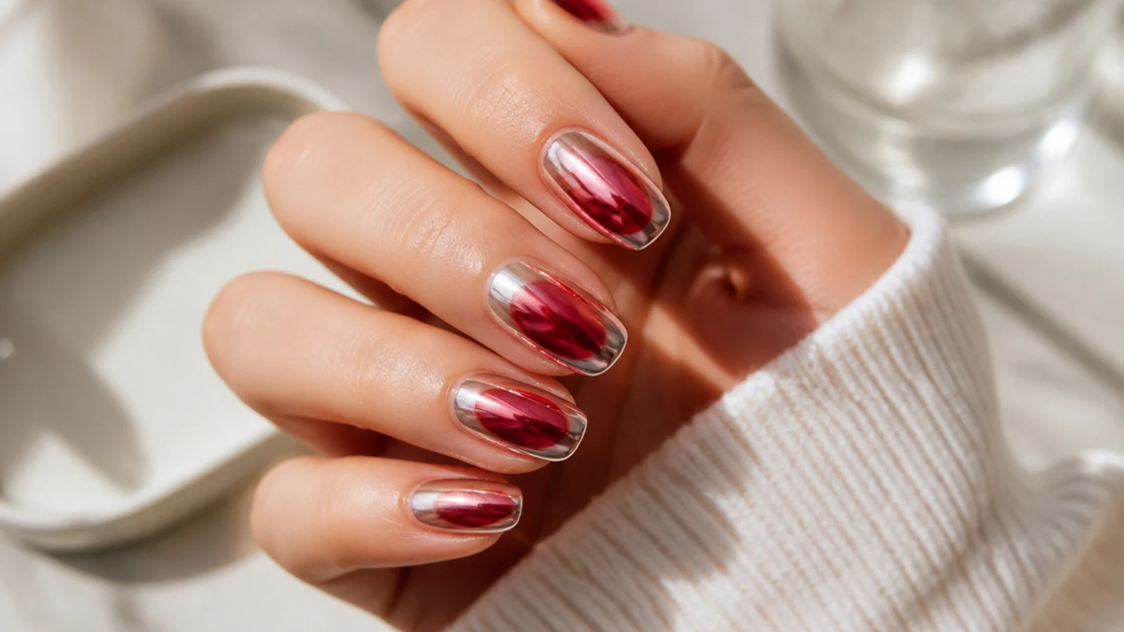 Silver chrome powder buffed over a red aura center creating a mirrored cherry shine
