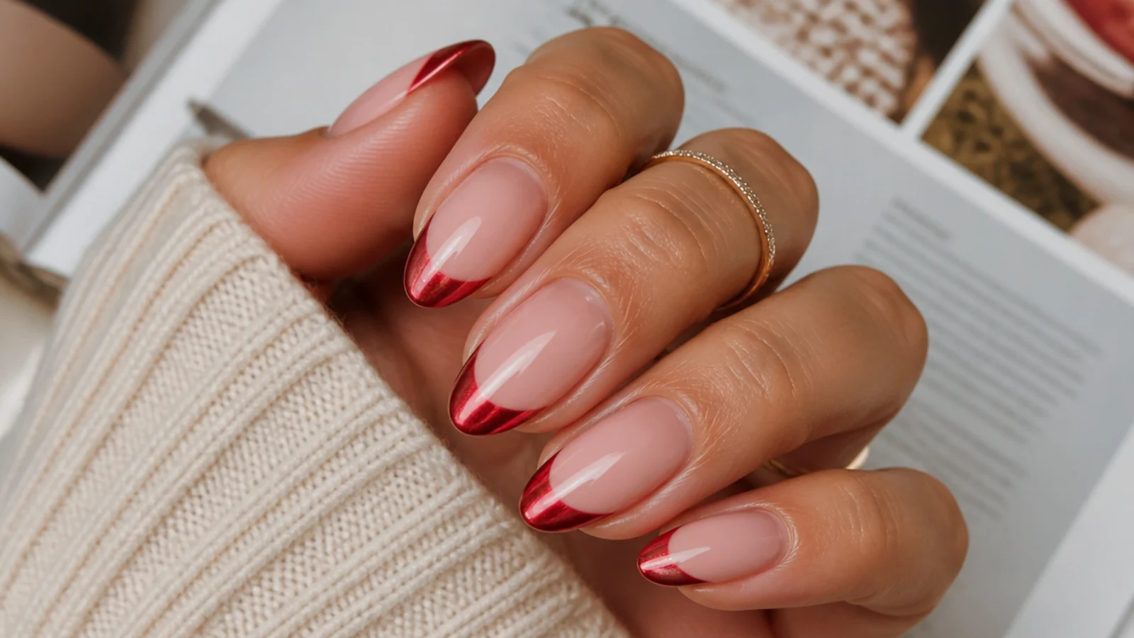 French tip nails with red chrome aura glowing at the tips over a sheer pink base