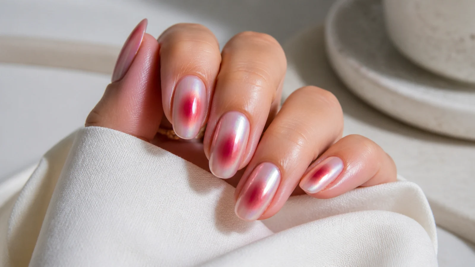 Glazed cherry red aura nails with a pearly chrome sheen over a milky base
